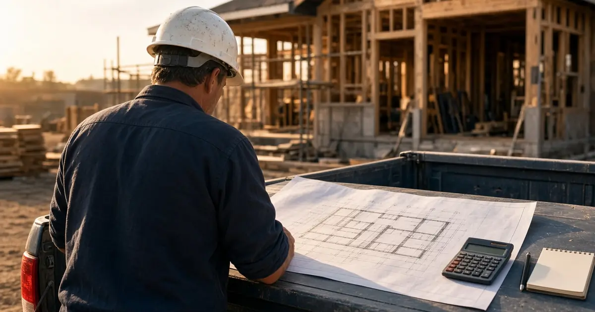 A builder in a hard hat reviewing floor plans and a calculator beside a house under construction