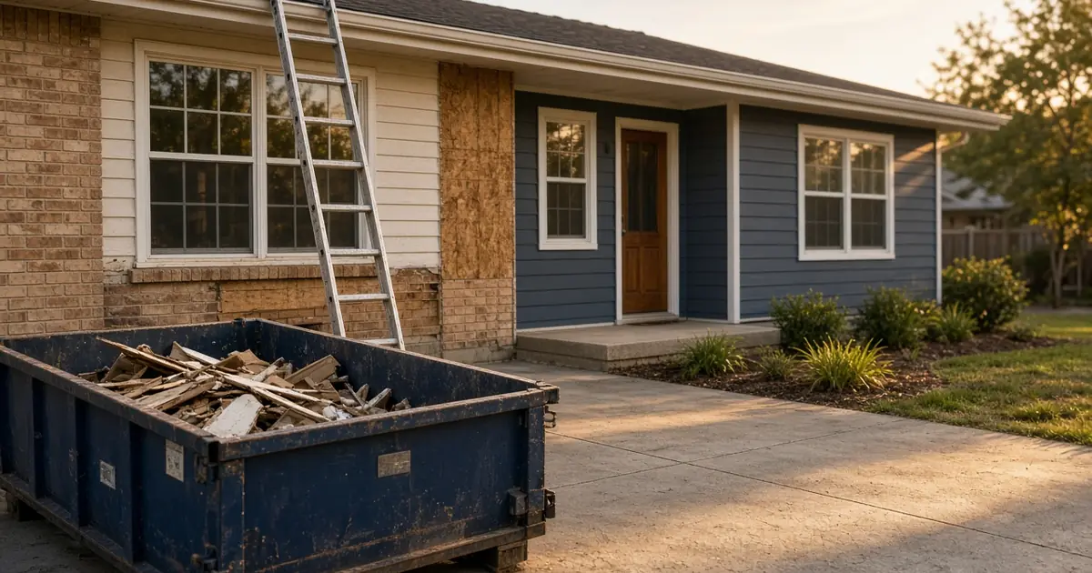 A house mid-renovation with a ladder, exposed sheathing, and a dumpster of debris in the driveway