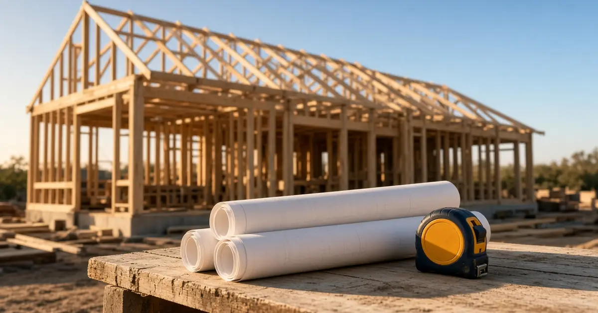 A wood-framed house under construction, with rolled plans and a tape measure in the foreground
